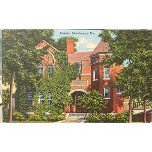 Linen Postcard Library Skowhegan Maine Postmarked Building 1940 Vintage